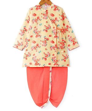 Babyhug Cotton Woven Full Sleeves Angarkha Style Kurta Dhoti Set Floral Print - Yellow