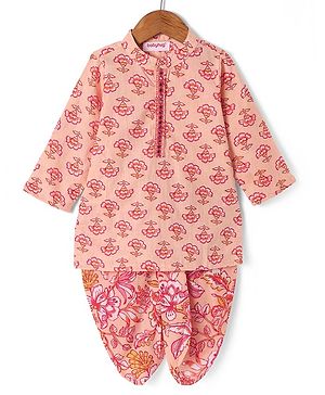 Babyhug Cotton Woven Full Sleeves Floral Printed Kurta Dhoti Set with Mirror Work Detailing - Peach