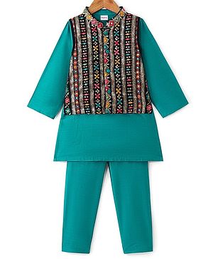 Babyhug Woven Full Sleeves Solid Colour Kurta Pyjama Set with Floral Embroidered Jacket - Teal Blue
