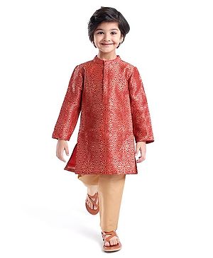 Babyhug Woven Full Sleeves Foil Printed Kurta Pyjama Set - Orange