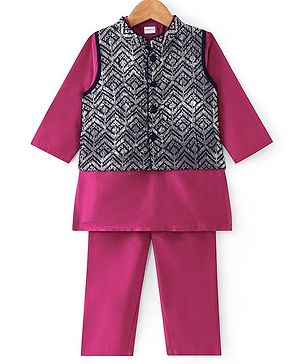 Babyhug Woven Full Sleeves Solid Colour Kurta Pyjama Set with Sequined Embroidered Nehru Jacket - Dark Pink