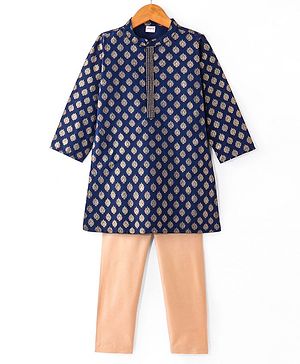 Babyhug Woven Full Sleeves Kurta Pyjama Set Brocade Print - Navy Blue
