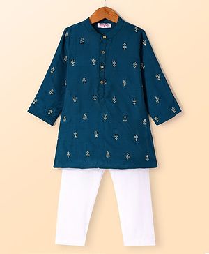 Babyhug Woven Full Sleeves Floral Embroidered Kurta Pyjama Set - Navy Blue