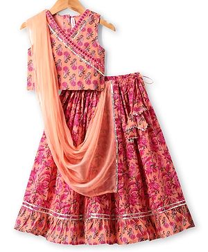 Babyhug Cotton Woven Sleeveless  Floral Printed Choli Lehenga & Dupatta Set with Lace Detailing - Peach