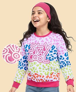 Pine Kids Cotton Knit Full Sleeves Drop Shoulder Gilter Text & Abstract Printed Sweatshirt - Pink
