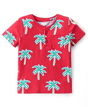 Babyhug 100% Cotton Knit Half Sleeves Henley T-Shirt with Tropical Theme Print - Red