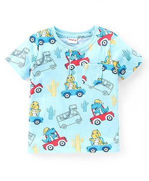 Babyhug Cotton Knit Half Sleeves Henley T-Shirt With Dino & Vehicles Print - Sky Blue