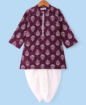 Babyhug Woven Full Sleeves Floral Printed Kurta Dhoti  Set - Wine