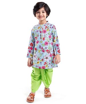 Babyhug Cotton Woven Full Sleeves Kurta Dhoti Set with Floral Print - Blue & Green