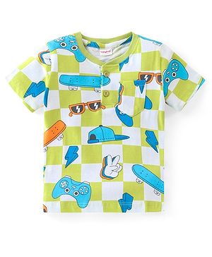 Babyhug Cotton Knit Half Sleeves Sports Printed T-Shirt with Henley Neck - Multicolour