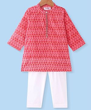 Babyhug Cotton Woven Full Sleeves Kurta Pyjama Set Floral Print - Peach