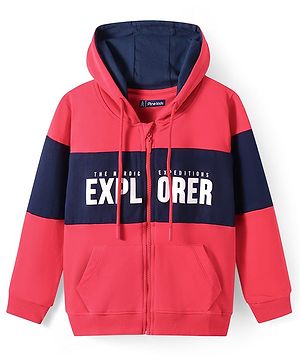 Pine Kids Cotton Knit Full Sleeves Hooded Sweat Jacket With Text Print - Red