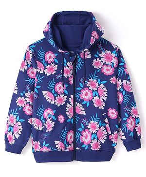 Pine Kids Cotton Knit Full Sleeves Sweatjacket with Floral Print - Navy Blue