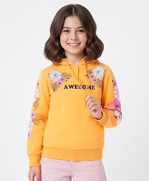 Pine Kids Cotton Knit Full Sleeves Hooded Sweatshirt with Floral Print - Mustard