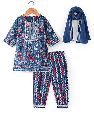 Babyhug Woven Three Fourth Sleeves  Floral & Chevron Printed Kurta Salwar Set with Dupatta & Lace Detailing - Navy Blue