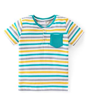 Babyhug Cotton Knit Half Sleeves Striped T-Shirt with Henley Neck - Multicolour