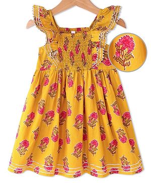 Babyhug Cotton Woven Cap Sleeves Floral Printed Ethnic Dress - Yellow