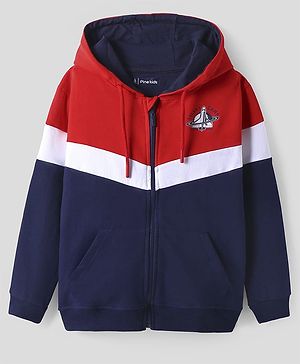 Pine Kids Cotton Knit Full Sleeves Hooded Sweatjacket with Cut & Sew Design - Red & Navy Blue