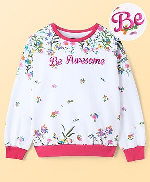 Pine Kids Cotton Knit Full Sleeves Drop Shoulder Sweatshirt with Floral & Puff Text Print - White