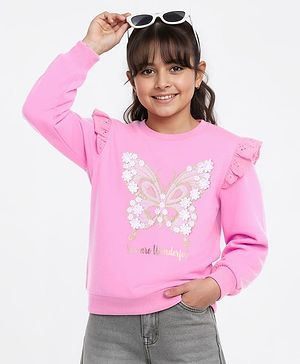 Pine Kids Cotton Knit Full Sleeves Drop Shoulder Sweatshirt with Abstract & Glitter Text Print - Pink