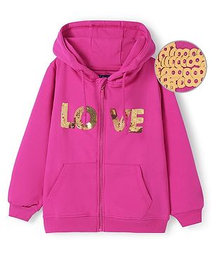 Pine Kids Cotton Knit Full Sleeves Hooded Sweatjacket with Text Sequin Detailing & Kangaroo Pockets - Dark Pink