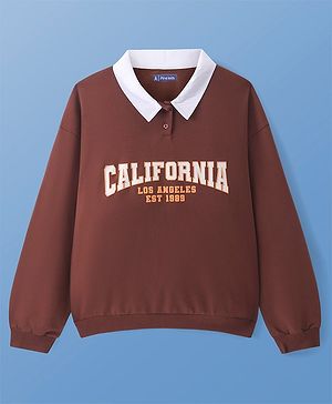 Pine Kids Cotton Knit Full Sleeves Drop Shoulder Sweatshirt with Collar Neck & Text Print - Brown