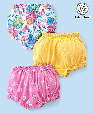 Babyhug 100% Cotton Knit Antibacterial Bloomers with Floral & Polka Dots Print  Pack of 3 - Pink Yellow & White