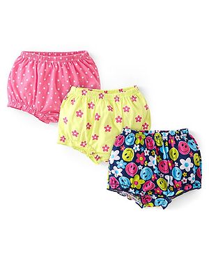 Babyhug 100% Cotton Knit Antibacterial Bloomers with Polka Dots & Floral Print  Pack of 3 - Yellow Pink & Navy Blue