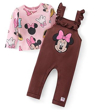 Babyhug Disney Knit Terry Dungaree with Frill Detailing & Full Sleeves T-Shirt Set Minnie Mouse Applique -Pink & Brown