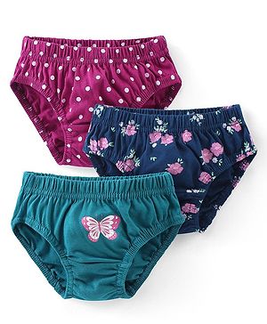 Babyhug 100% Cotton Knit Singlet Sleeves Antibacterial Panties with Polka Dots Floral & Butterfly Print Pack of 3 - Wine Blue & Green