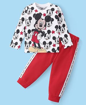 Babyhug Disney Cotton Knit Full Sleeves Night Suit With Mickey Mouse Graphics - White & Red