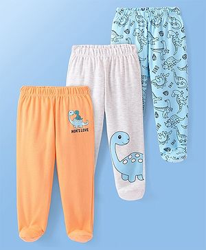 Doodle Poodle Interlock Cotton Knit Bootie Leggings with Dino Print Pack of 3 - Blue,Grey & Orange