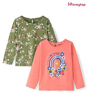 Honeyhap Premium 100% Cotton Full Sleeves Floral Print T-Shirt with Bio Finish Pack of 2 - Ceder Green & Desert Flower