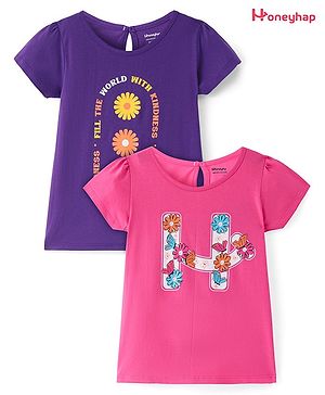 Honeyhap Premium 100% Cotton Knit Half Sleeves Tops  with Bio Finish & Floral Print Pack of 2 - Heliotrope Purple & Sachet Pink