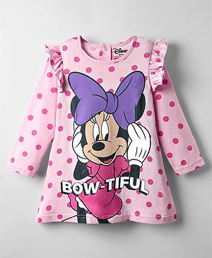 Babyhug Disney Cotton Knit Frill Full Sleeves Nighty With Minnie Mouse Graphics - Pink
