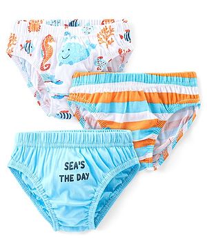 Babyhug 100% Cotton Antibacterial Briefs With Stripes & Sea Life Print Pack of 3 - Blue & White