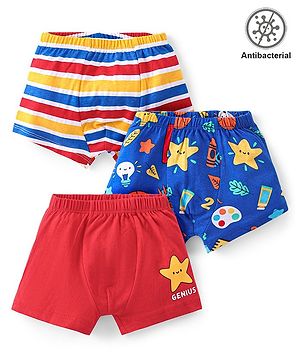 Babyhug 100% Cotton Knit Antibacterial Trunks Striped & Star Print   Pack of 3 - Red & Blue
