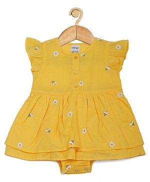 Creative Kids Cap Sleeves Floral Embroidered Romper Dress - Yellow