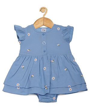 Creative Kids Cap Sleeves Floral Embroidered Romper Dress - Sky Blue