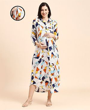 MomToBe Rayon Full Sleeves Abstract Printed Maternity Dress With Concealed Zipper Nursing Access - White