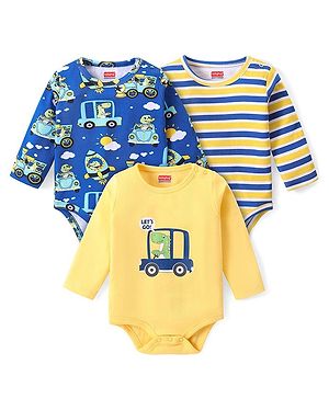 Babyhug 100% Cotton Full Sleeves Dino Printed Onesies Pack of 3 - Multicolour