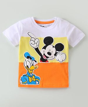 Babyhug Disney Cotton Knit Half Sleeves T-Shirt With Mickey Mouse and Donald Duck Applique - White