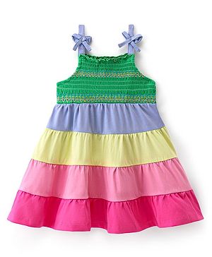 Babyhug Knitted Singlet Sleeves Frock With Stripes - Multicolour