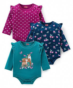 Babyhug 100% Cotton Interlock Knit Full Sleeves Onesies With Polka Dot & Floral Print Pack of 3 - Purple Green & Navy