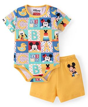 Babyhug Disney Cotton Knit Half Sleeves Onesie with Shorts Mickey Mouse Print - Multicolour