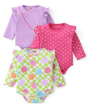 Babyhug 100% Cotton Knit Full Sleeves Onesies with Frill Detailing Polka Dots & Strawberry  Print Pack of 3 - Pink Lavender & Green