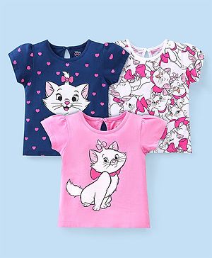 Babyhug Disney Cotton Knit Half Sleeves Tops with Aristocats Marie Graphics Pack Of 3 - Multicolour