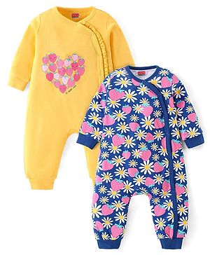 Babyhug 100% Interlock Cotton Knit Full Sleeves Rompers With Strawberries & Floral Print Pack of 2 - Yellow & Blue