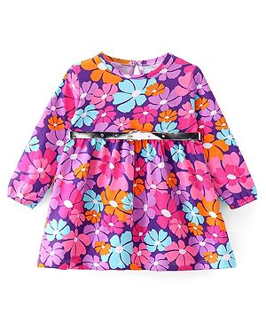 Babyhug Fleece Knit Full Sleeves Frock With Floral Print- Purple