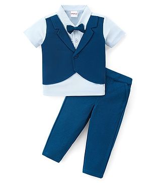 Babyhug Woven with Half Sleeves Three Pieces Party Suit with Bow -Navy Blue